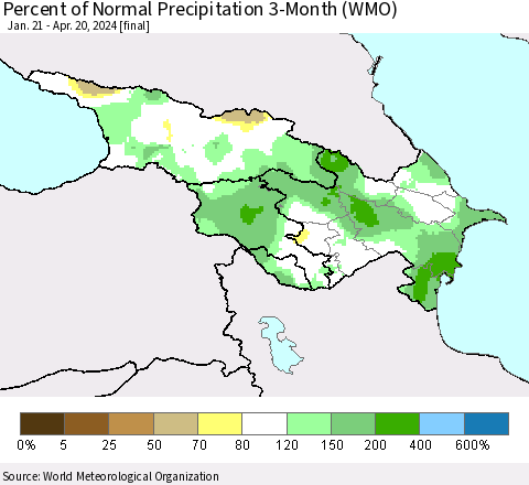 Azerbaijan, Armenia and Georgia Percent of Normal Precipitation 3-Month (WMO) Thematic Map For 1/21/2024 - 4/20/2024