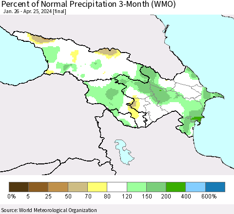 Azerbaijan, Armenia and Georgia Percent of Normal Precipitation 3-Month (WMO) Thematic Map For 1/26/2024 - 4/25/2024