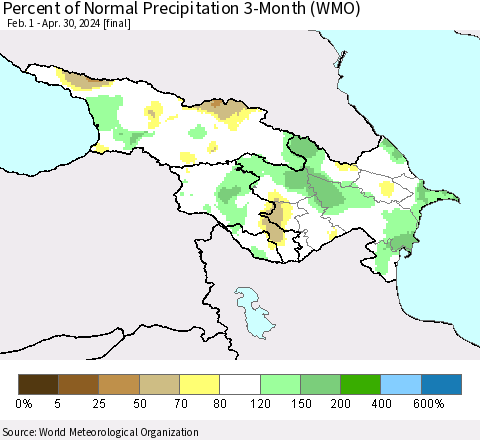 Azerbaijan, Armenia and Georgia Percent of Normal Precipitation 3-Month (WMO) Thematic Map For 2/1/2024 - 4/30/2024