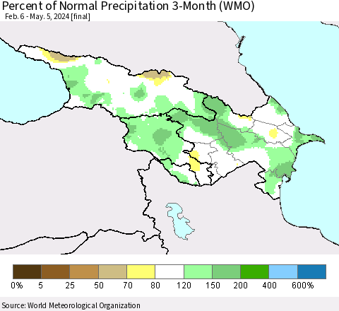 Azerbaijan, Armenia and Georgia Percent of Normal Precipitation 3-Month (WMO) Thematic Map For 2/6/2024 - 5/5/2024