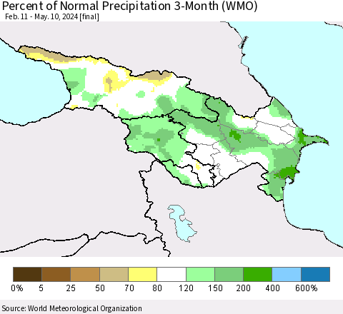 Azerbaijan, Armenia and Georgia Percent of Normal Precipitation 3-Month (WMO) Thematic Map For 2/11/2024 - 5/10/2024