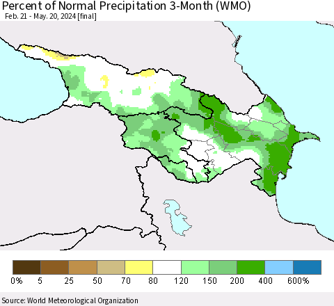 Azerbaijan, Armenia and Georgia Percent of Normal Precipitation 3-Month (WMO) Thematic Map For 2/21/2024 - 5/20/2024