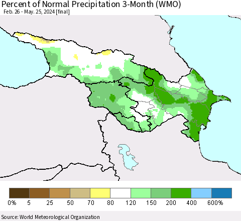 Azerbaijan, Armenia and Georgia Percent of Normal Precipitation 3-Month (WMO) Thematic Map For 2/26/2024 - 5/25/2024