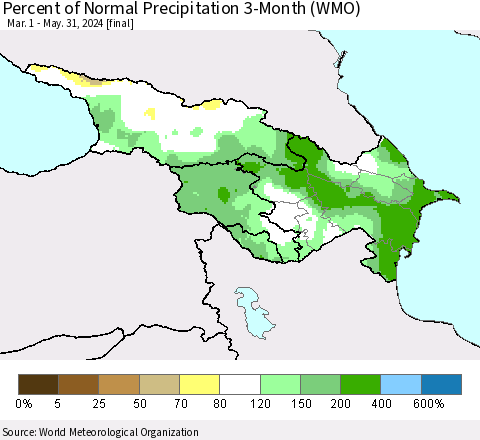 Azerbaijan, Armenia and Georgia Percent of Normal Precipitation 3-Month (WMO) Thematic Map For 3/1/2024 - 5/31/2024