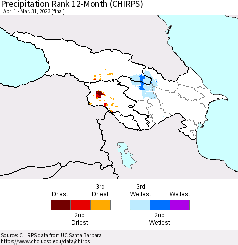 Azerbaijan, Armenia and Georgia Precipitation Rank since 1981, 12-Month (CHIRPS) Thematic Map For 4/1/2022 - 3/31/2023
