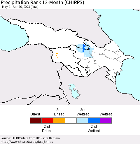 Azerbaijan, Armenia and Georgia Precipitation Rank since 1981, 12-Month (CHIRPS) Thematic Map For 5/1/2022 - 4/30/2023