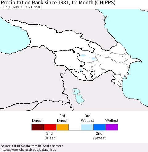 Azerbaijan, Armenia and Georgia Precipitation Rank since 1981, 12-Month (CHIRPS) Thematic Map For 6/1/2022 - 5/31/2023