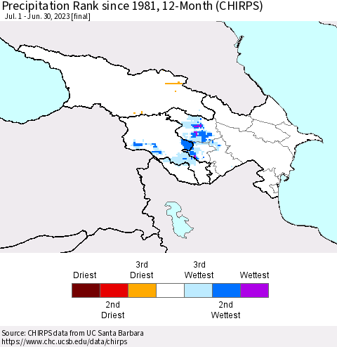 Azerbaijan, Armenia and Georgia Precipitation Rank since 1981, 12-Month (CHIRPS) Thematic Map For 7/1/2022 - 6/30/2023