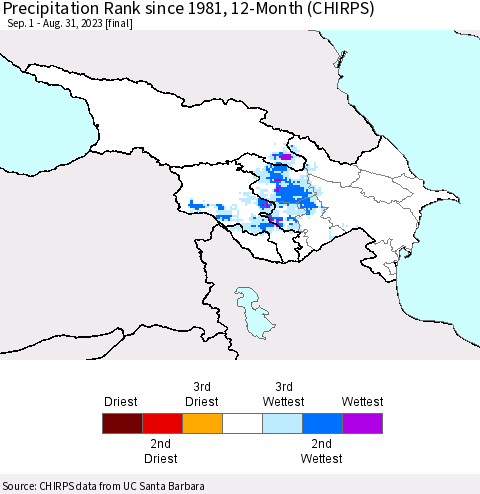 Azerbaijan, Armenia and Georgia Precipitation Rank since 1981, 12-Month (CHIRPS) Thematic Map For 9/1/2022 - 8/31/2023