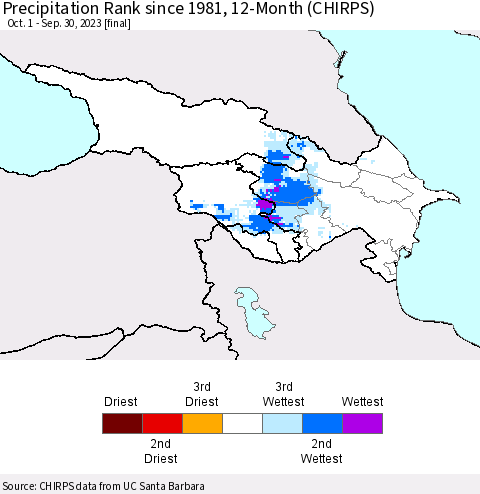 Azerbaijan, Armenia and Georgia Precipitation Rank since 1981, 12-Month (CHIRPS) Thematic Map For 10/1/2022 - 9/30/2023