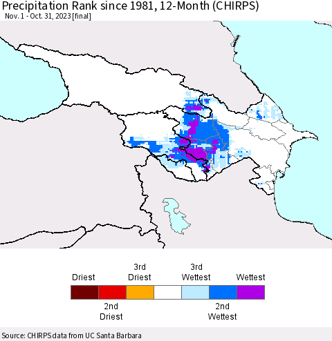 Azerbaijan, Armenia and Georgia Precipitation Rank since 1981, 12-Month (CHIRPS) Thematic Map For 11/1/2022 - 10/31/2023