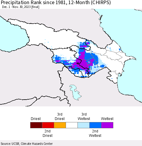 Azerbaijan, Armenia and Georgia Precipitation Rank since 1981, 12-Month (CHIRPS) Thematic Map For 12/1/2022 - 11/30/2023