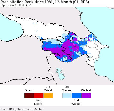 Azerbaijan, Armenia and Georgia Precipitation Rank since 1981, 12-Month (CHIRPS) Thematic Map For 4/1/2023 - 3/31/2024