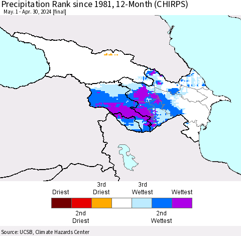 Azerbaijan, Armenia and Georgia Precipitation Rank since 1981, 12-Month (CHIRPS) Thematic Map For 5/1/2023 - 4/30/2024