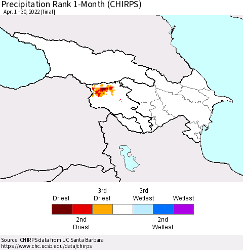 Azerbaijan, Armenia and Georgia Precipitation Rank since 1981, 1-Month (CHIRPS) Thematic Map For 4/1/2022 - 4/30/2022