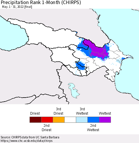 Azerbaijan, Armenia and Georgia Precipitation Rank since 1981, 1-Month (CHIRPS) Thematic Map For 5/1/2022 - 5/31/2022