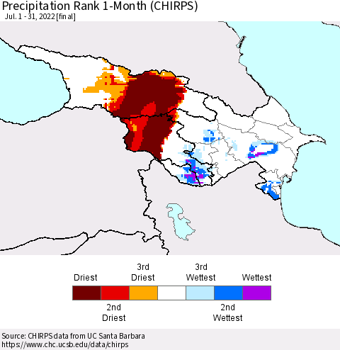 Azerbaijan, Armenia and Georgia Precipitation Rank since 1981, 1-Month (CHIRPS) Thematic Map For 7/1/2022 - 7/31/2022