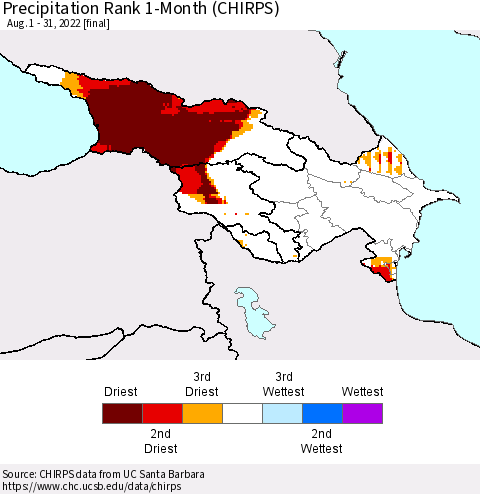 Azerbaijan, Armenia and Georgia Precipitation Rank since 1981, 1-Month (CHIRPS) Thematic Map For 8/1/2022 - 8/31/2022