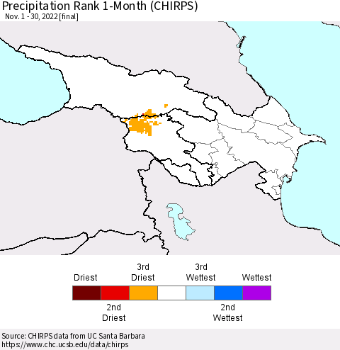 Azerbaijan, Armenia and Georgia Precipitation Rank since 1981, 1-Month (CHIRPS) Thematic Map For 11/1/2022 - 11/30/2022