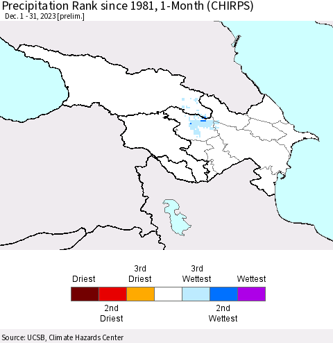 Azerbaijan, Armenia and Georgia Precipitation Rank since 1981, 1-Month (CHIRPS) Thematic Map For 12/1/2023 - 12/31/2023