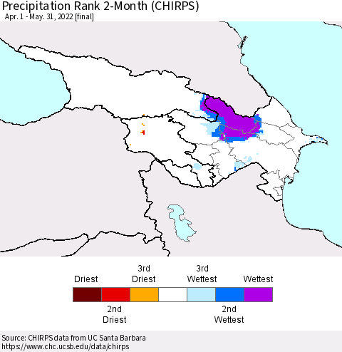 Azerbaijan, Armenia and Georgia Precipitation Rank since 1981, 2-Month (CHIRPS) Thematic Map For 4/1/2022 - 5/31/2022