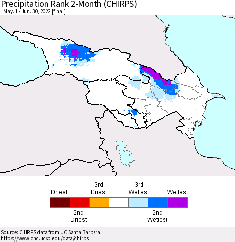 Azerbaijan, Armenia and Georgia Precipitation Rank since 1981, 2-Month (CHIRPS) Thematic Map For 5/1/2022 - 6/30/2022