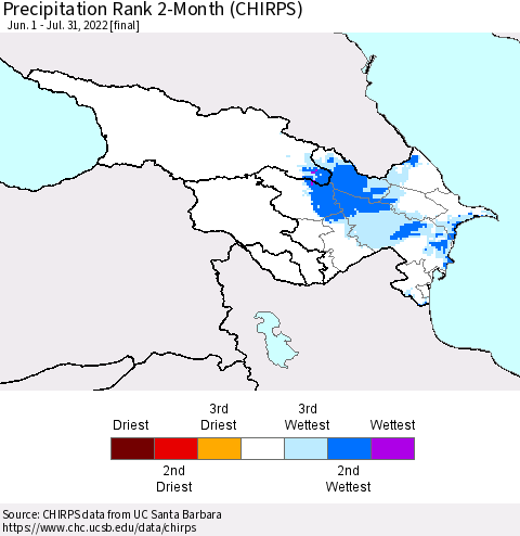 Azerbaijan, Armenia and Georgia Precipitation Rank since 1981, 2-Month (CHIRPS) Thematic Map For 6/1/2022 - 7/31/2022