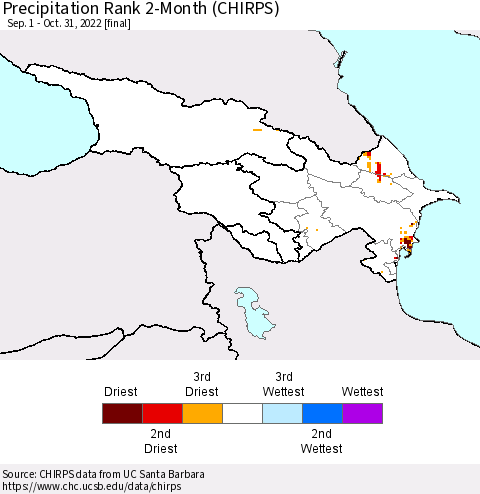 Azerbaijan, Armenia and Georgia Precipitation Rank since 1981, 2-Month (CHIRPS) Thematic Map For 9/1/2022 - 10/31/2022