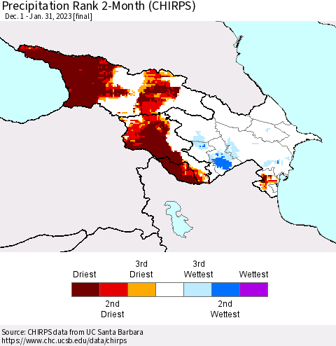 Azerbaijan, Armenia and Georgia Precipitation Rank since 1981, 2-Month (CHIRPS) Thematic Map For 12/1/2022 - 1/31/2023
