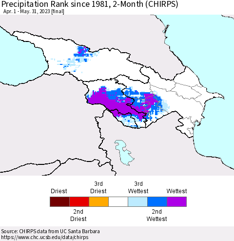 Azerbaijan, Armenia and Georgia Precipitation Rank since 1981, 2-Month (CHIRPS) Thematic Map For 4/1/2023 - 5/31/2023