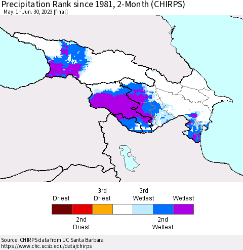 Azerbaijan, Armenia and Georgia Precipitation Rank since 1981, 2-Month (CHIRPS) Thematic Map For 5/1/2023 - 6/30/2023