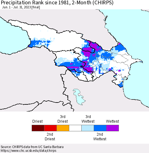 Azerbaijan, Armenia and Georgia Precipitation Rank since 1981, 2-Month (CHIRPS) Thematic Map For 6/1/2023 - 7/31/2023