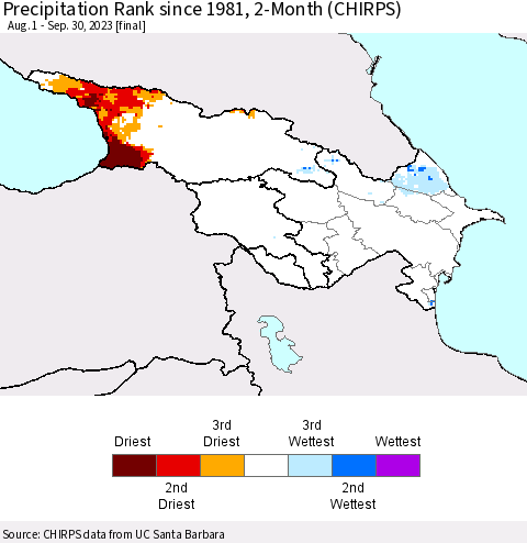 Azerbaijan, Armenia and Georgia Precipitation Rank since 1981, 2-Month (CHIRPS) Thematic Map For 8/1/2023 - 9/30/2023