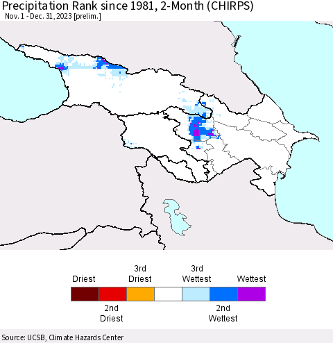 Azerbaijan, Armenia and Georgia Precipitation Rank since 1981, 2-Month (CHIRPS) Thematic Map For 11/1/2023 - 12/31/2023
