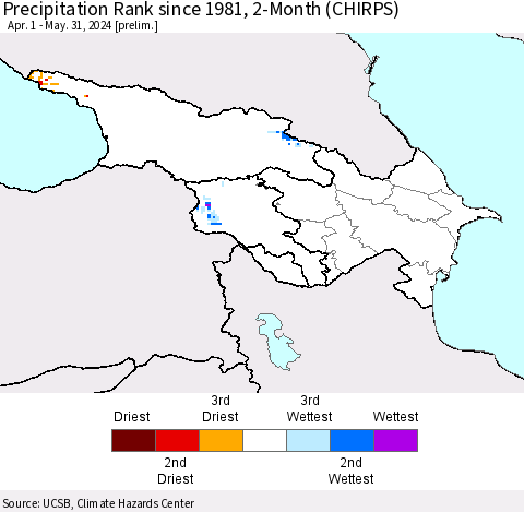 Azerbaijan, Armenia and Georgia Precipitation Rank since 1981, 2-Month (CHIRPS) Thematic Map For 4/1/2024 - 5/31/2024