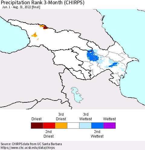 Azerbaijan, Armenia and Georgia Precipitation Rank since 1981, 3-Month (CHIRPS) Thematic Map For 6/1/2022 - 8/31/2022
