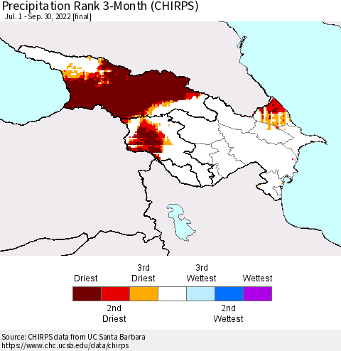 Azerbaijan, Armenia and Georgia Precipitation Rank since 1981, 3-Month (CHIRPS) Thematic Map For 7/1/2022 - 9/30/2022