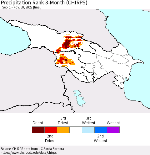 Azerbaijan, Armenia and Georgia Precipitation Rank since 1981, 3-Month (CHIRPS) Thematic Map For 9/1/2022 - 11/30/2022