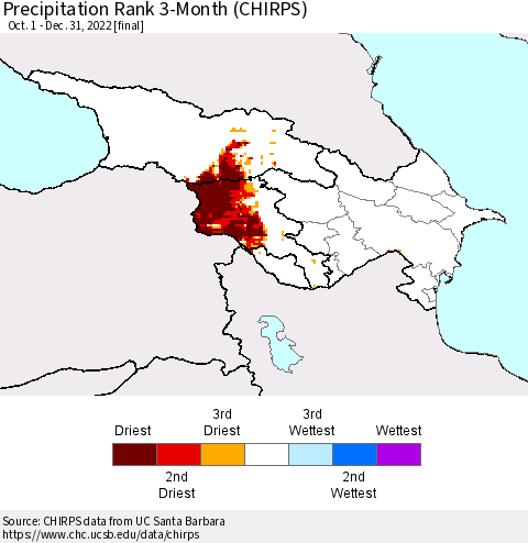 Azerbaijan, Armenia and Georgia Precipitation Rank since 1981, 3-Month (CHIRPS) Thematic Map For 10/1/2022 - 12/31/2022