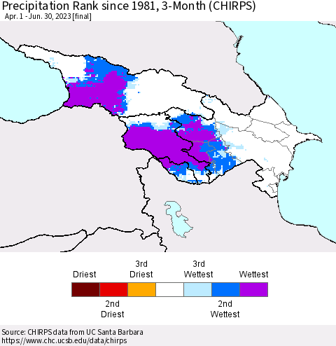 Azerbaijan, Armenia and Georgia Precipitation Rank since 1981, 3-Month (CHIRPS) Thematic Map For 4/1/2023 - 6/30/2023