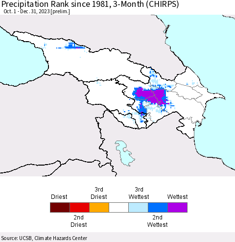 Azerbaijan, Armenia and Georgia Precipitation Rank since 1981, 3-Month (CHIRPS) Thematic Map For 10/1/2023 - 12/31/2023