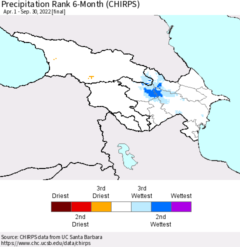 Azerbaijan, Armenia and Georgia Precipitation Rank since 1981, 6-Month (CHIRPS) Thematic Map For 4/1/2022 - 9/30/2022