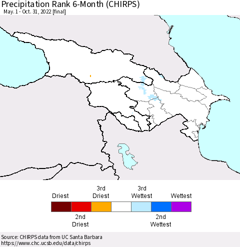 Azerbaijan, Armenia and Georgia Precipitation Rank since 1981, 6-Month (CHIRPS) Thematic Map For 5/1/2022 - 10/31/2022