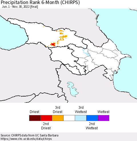 Azerbaijan, Armenia and Georgia Precipitation Rank since 1981, 6-Month (CHIRPS) Thematic Map For 6/1/2022 - 11/30/2022