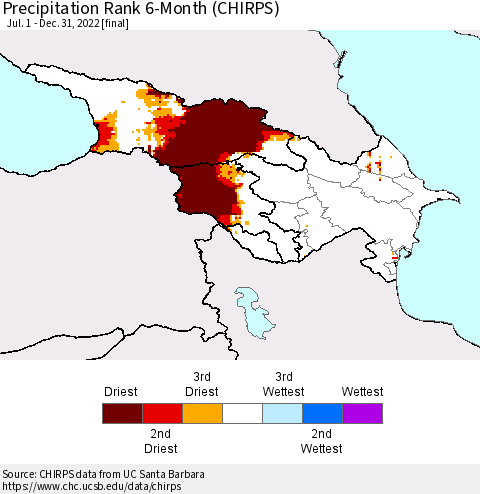 Azerbaijan, Armenia and Georgia Precipitation Rank since 1981, 6-Month (CHIRPS) Thematic Map For 7/1/2022 - 12/31/2022