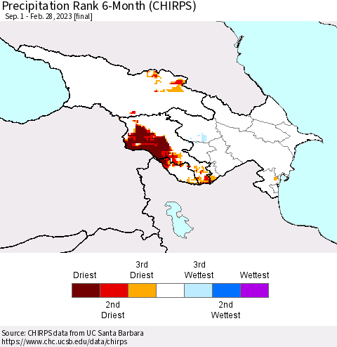 Azerbaijan, Armenia and Georgia Precipitation Rank since 1981, 6-Month (CHIRPS) Thematic Map For 9/1/2022 - 2/28/2023
