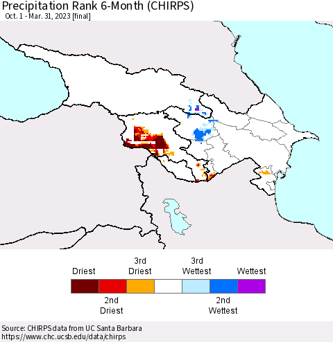 Azerbaijan, Armenia and Georgia Precipitation Rank since 1981, 6-Month (CHIRPS) Thematic Map For 10/1/2022 - 3/31/2023
