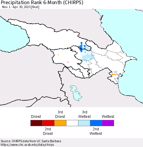 Azerbaijan, Armenia and Georgia Precipitation Rank since 1981, 6-Month (CHIRPS) Thematic Map For 11/1/2022 - 4/30/2023