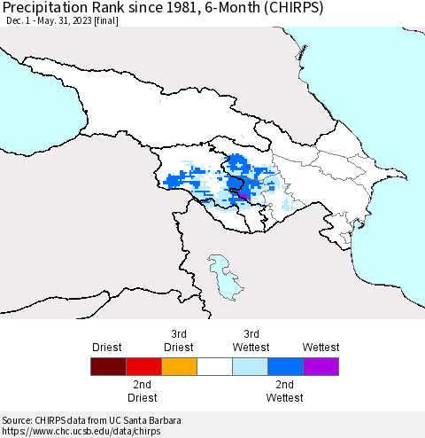 Azerbaijan, Armenia and Georgia Precipitation Rank since 1981, 6-Month (CHIRPS) Thematic Map For 12/1/2022 - 5/31/2023