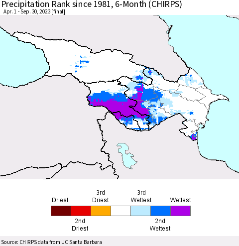 Azerbaijan, Armenia and Georgia Precipitation Rank since 1981, 6-Month (CHIRPS) Thematic Map For 4/1/2023 - 9/30/2023